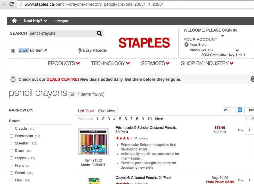 
        Image 2: Results for a search for <i>pencil crayons</i> on staples.ca (20 Jul. 2016)      