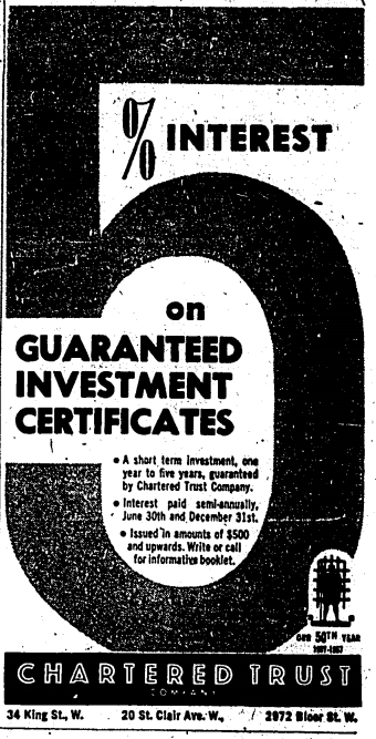 
        
                 Image 1: Ad for a <i>Guaranteed Investment Certificate</i>, <i>The Globe and Mail</i>, 7 Nov. 1957: 7                 