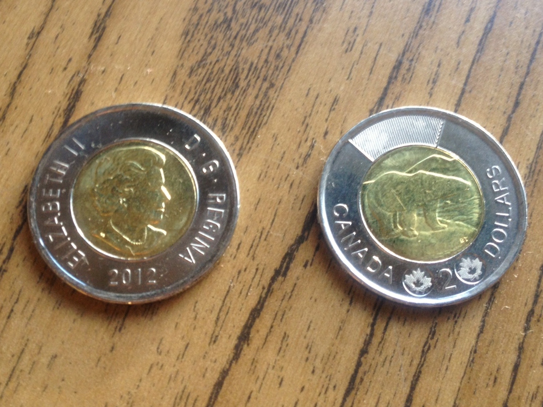 
        
        
        Image 1: Front (left) and back (right) of a 2012 <i>toonie</i>. Photo: G. Lim                