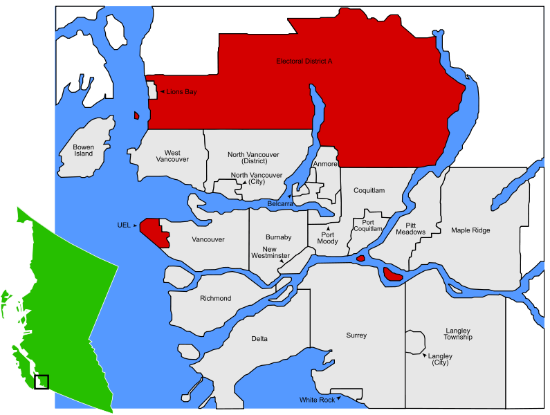 
        Image 1. Regions included in Metro Vancouver's <i>Electoral Area </i> "A". Source: Wikimedia Commons. Photo: TastyCakes       