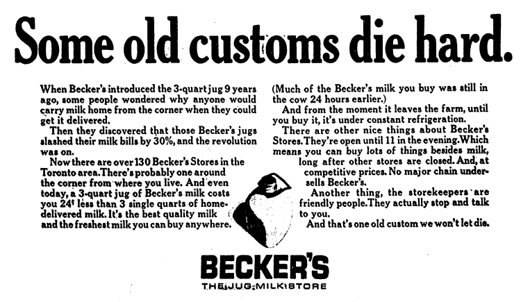 Image 1: 1966 ad from Becker's Jug Milk Store (<i>The Globe and Mail</i>, 5 Sep. 1966: 12)