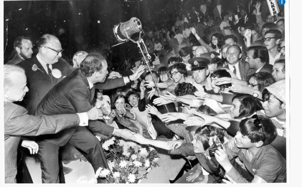 Image 1: <i>Trudeaumania</i> at the North York Centennial arena in June 1968. Photo: D. Darrell.