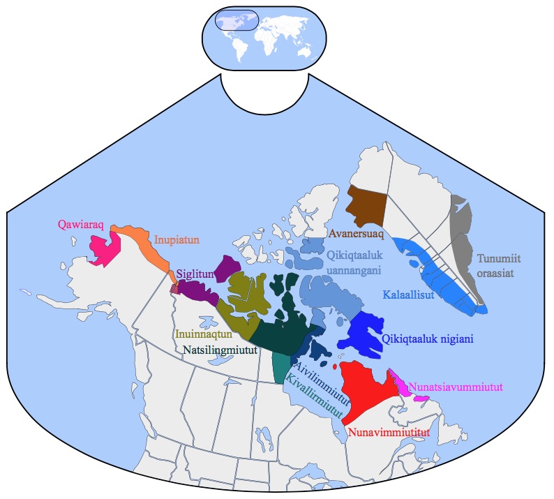 
        Image 1: Dialects of <i>Inuktitut</i>, with dialect with labels in Inuujingajut, the Standard Roman alphabet for <i>Inuktitut</i> (Source: Wikimedia Commons. Map: Asybaris01)       