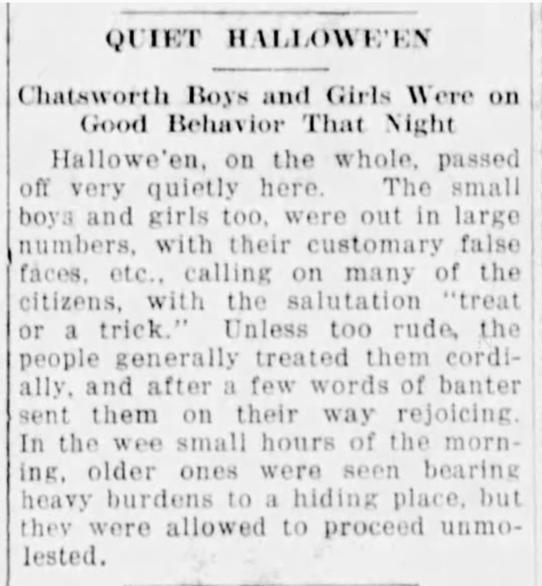 Image 2: "Treat or a trick" chanted by the youth on Hallowe'en night, according to The Sun-Times of Owen Sound, ON. 3 Nov. 1921. Photo: B. Popik.