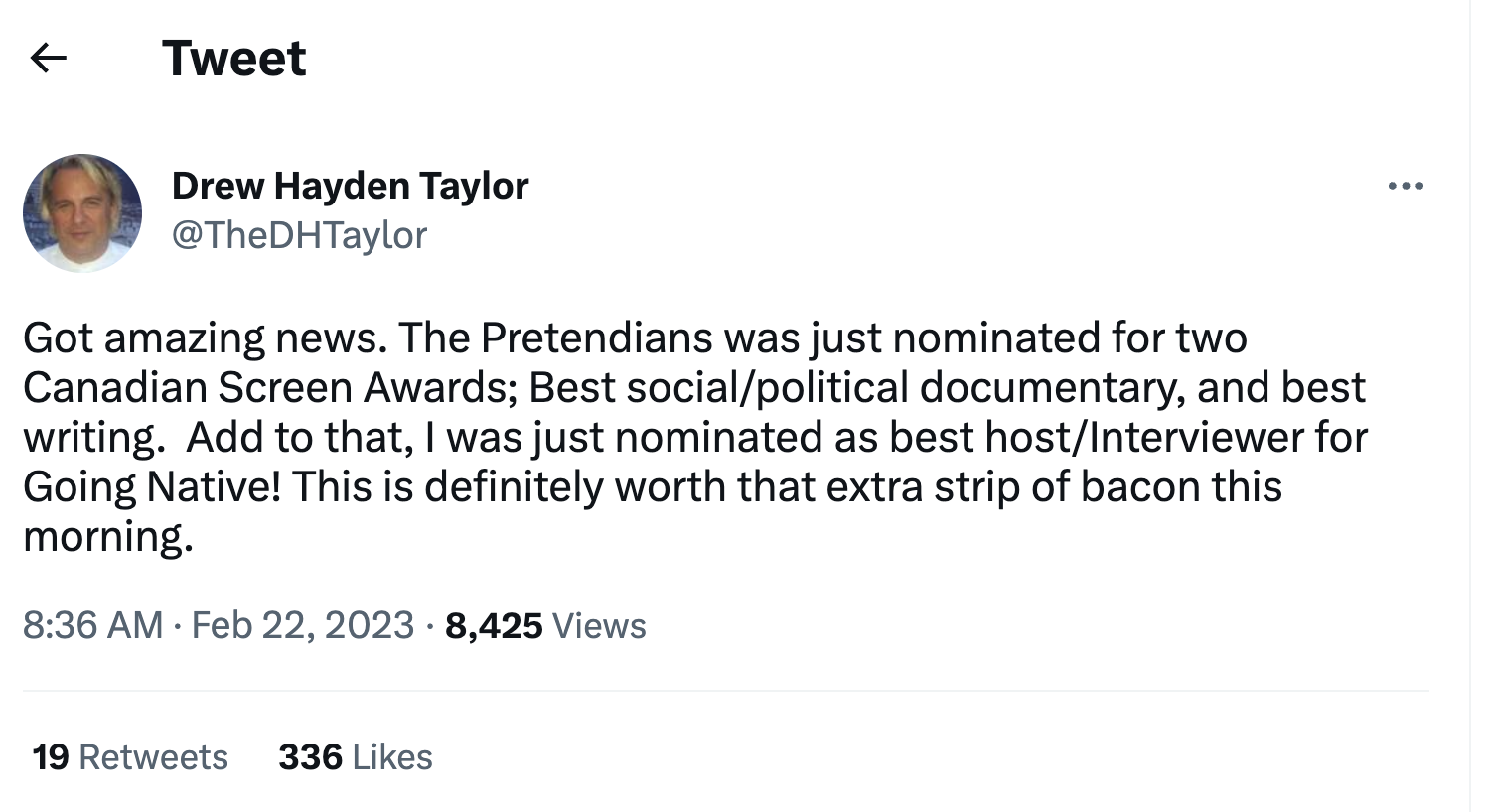 Image 3: Tweet announcing CSA win of documentary titled The <i>Pretendians</i> from Drew Hayden Taylor @TheDHTaylor, 22 Feb. 2023.