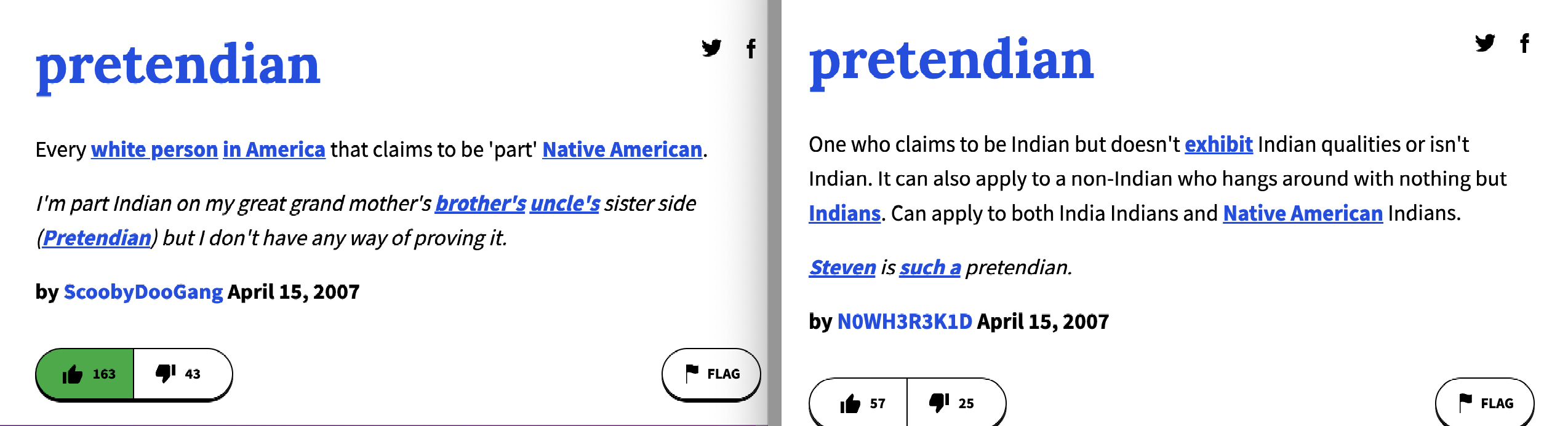 Image 1: first definition of <i>pretendian</i> on 15 Apr. 2007 by users ScoobyDooGang and N0WH3R3K1D.