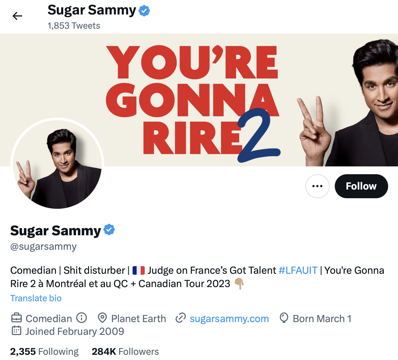 Image 1: Popular Québécois comedian's Twitter bio includes description of self as <i>shit disturber</i>.