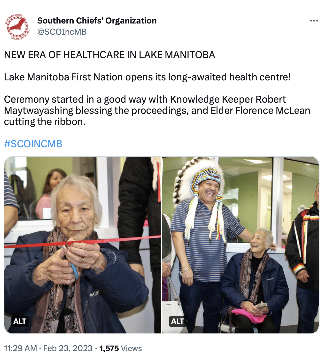 Image 1: Announcement of health centre opening in Lake Manitoba First Nation includes mention of <i>Knowledge Keeper</i> Robert Maytwayashing, 23 Feb. 2023