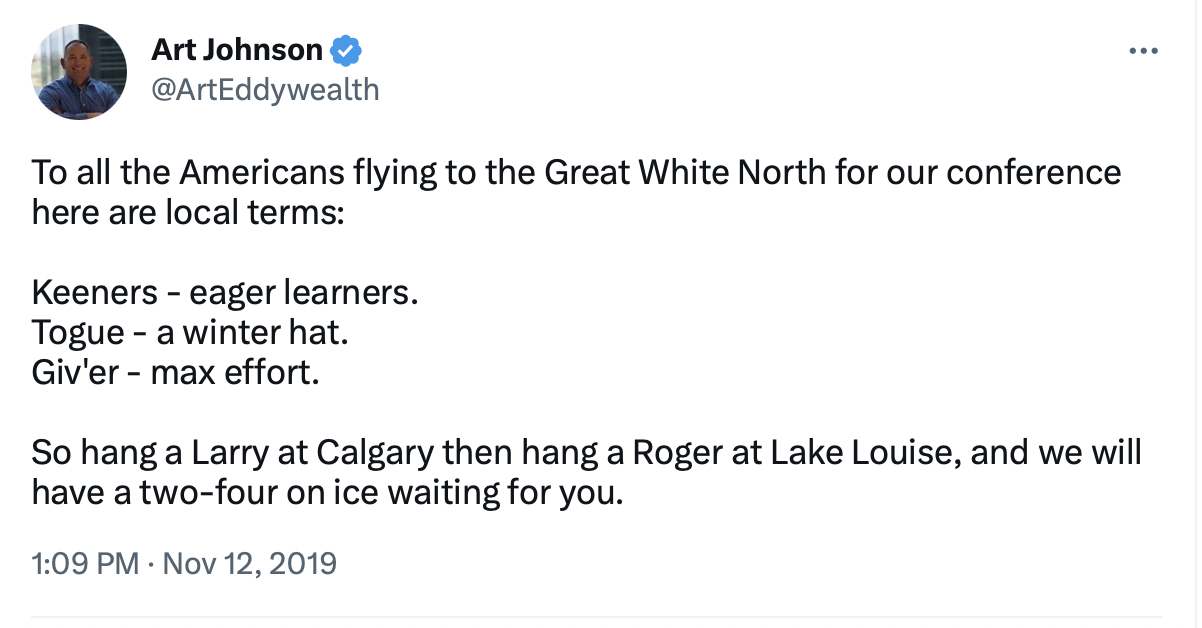 Image 1: Calgary resident advising American visitors to <i>hang a roger</i> to get to Lake Louise, 12 Nov. 2019.