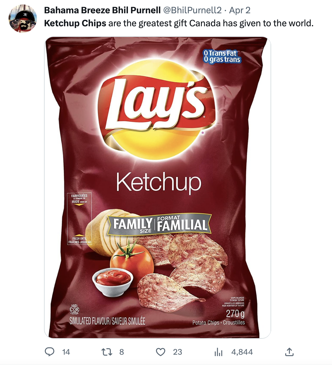 Image 1: Twitter user in their enthusiasm for <i>ketchup chips</i>, 2 April 2023.