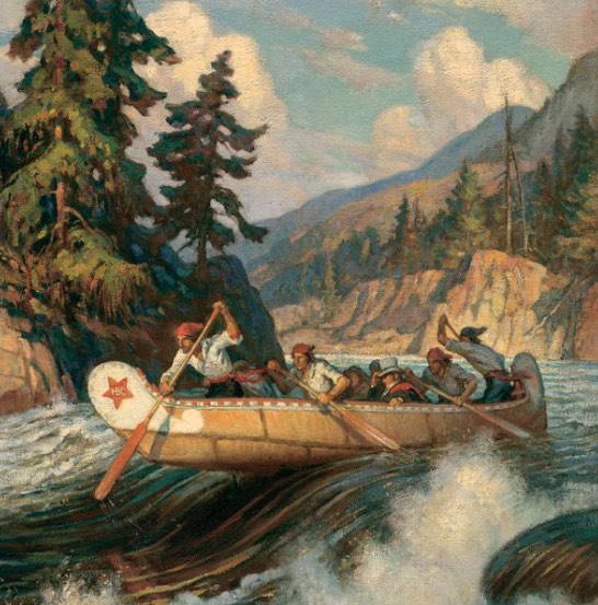 
        
        Image 1: A <i>canot du nord</i> in a 1944 painting by Adam Sherriff Scott, entitled "Chief Trader Archibald McDonald Descending the Fraser, 1828". Source: twitter.com. Photo: HBC Heritage            