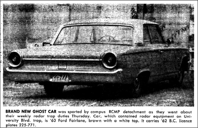 
        Image 2: Historical <i>ghost car</i>, on duty at UBC campus (source: <i>The Ubyssey</i>, 15 Feb. 1962)     