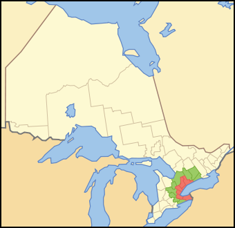 
        
        
        
        Image 1: A map of Ontario's <i>Golden Horseshoe</i> (red) and <i>Greater Golden Horseshoe</i> (green). Source: Wikimedia Commons. Photo: Vidioman                        